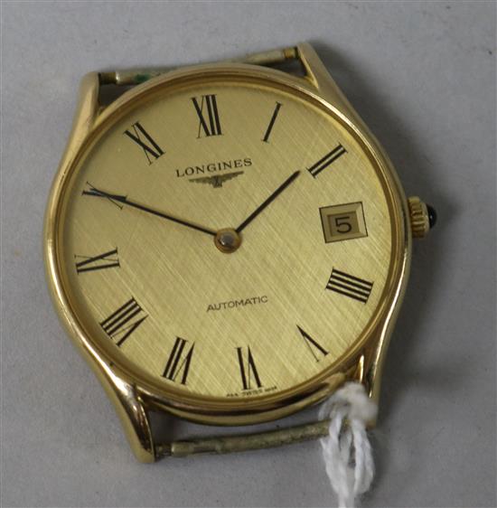 A gentlemans 9ct gold Longines automatic wrist watch (no strap).